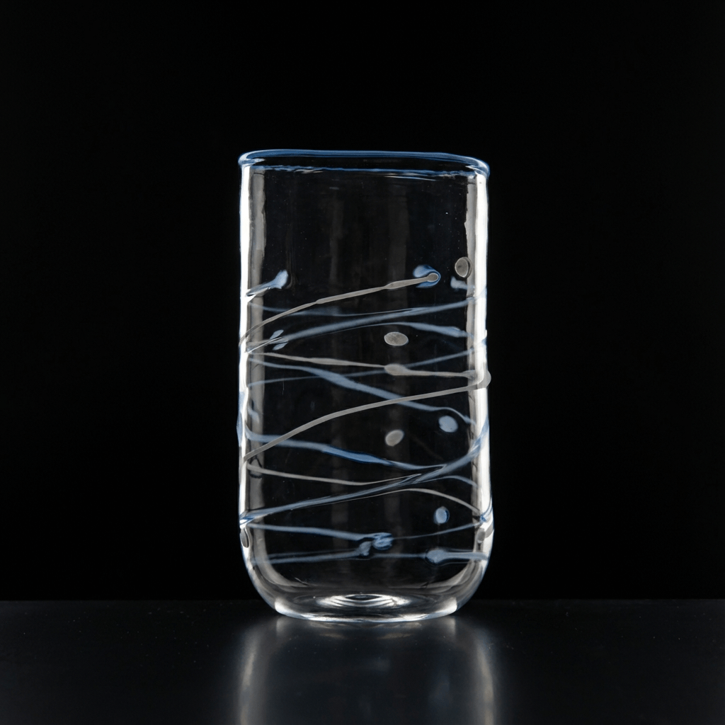 Wasserglas Tumbler mit hellblauen Linien auf schwarzem Hintergrund