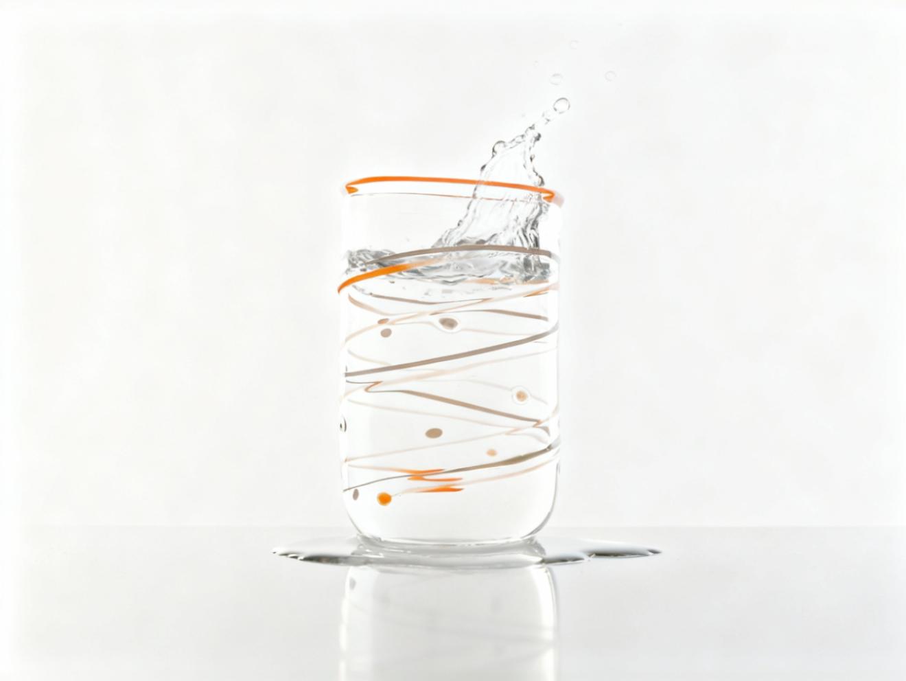 Ein Wasserglas Tumbler mit orangen Linien ist gefüllt mit Wasser