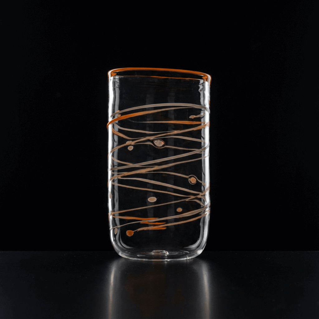 Wasserglas Tumbler mit orangen Linien auf schwarzem Hintergrund