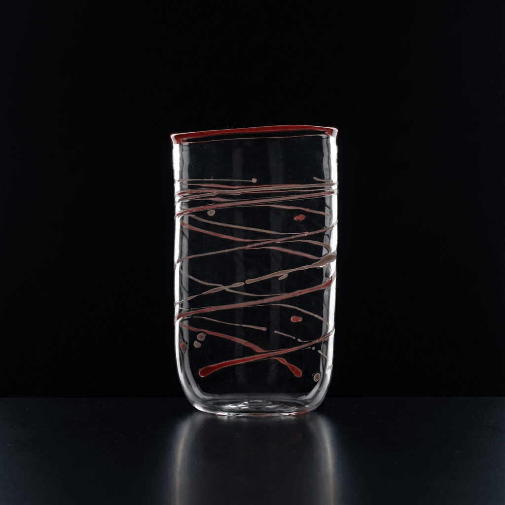 Wasserglas Tumbler mit roten Linien auf schwarzem Hintergrund