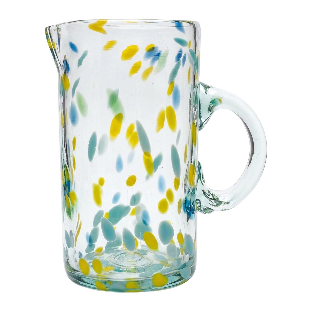 Lafiore Pitcher Confetti Gelb-Türkis, mundgeblasener Krug aus recyceltem Glas, Mallorca
