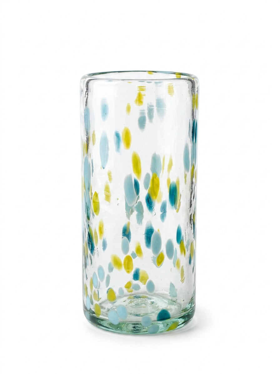 Lafiore Tube Tumbler Confetti Gelb-Türkis, mundgeblasenes Trinkglas aus recyceltem Glas, Mallorca
