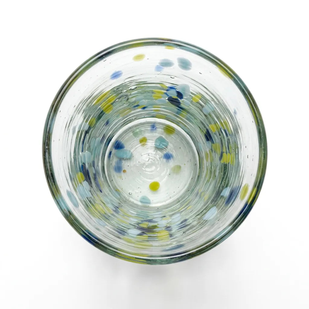 Lafiore Tube Tumbler Confetti Gelb-Türkis, mundgeblasenes Trinkglas aus recyceltem Glas, Mallorca